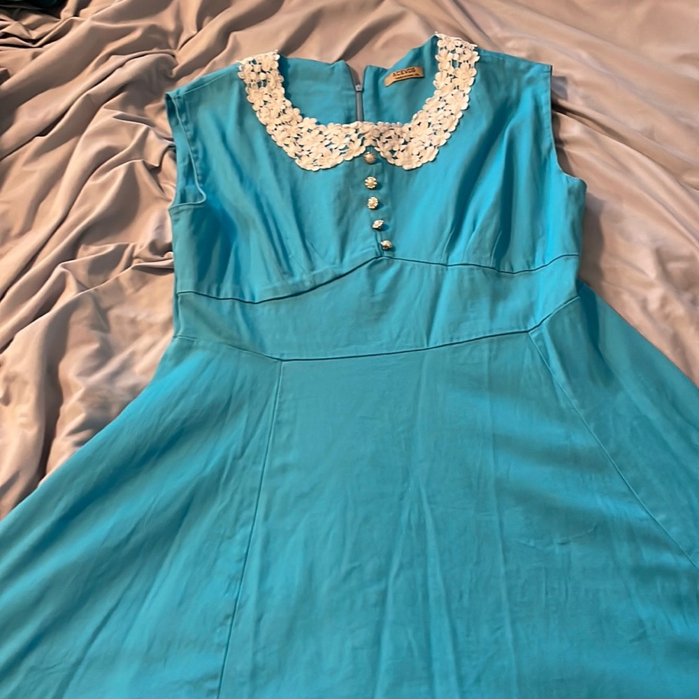 Retro blue swing dress with lace Peter Pan collar Pearl buttons XXL